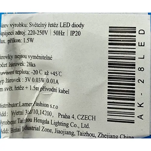 Photo de l’avis officiel: L&amp;S 28 LED VÁNOČNÍ SVĚTELNÝ ŘETĚZ Chaîne d'éclairage — risque: Choc électrique & Incendie