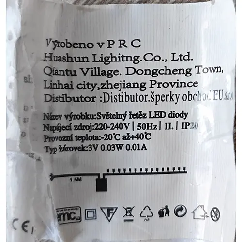 Photo from the official notice: Vánoční světelný řetěz lighting chain — electric shock & fire risk