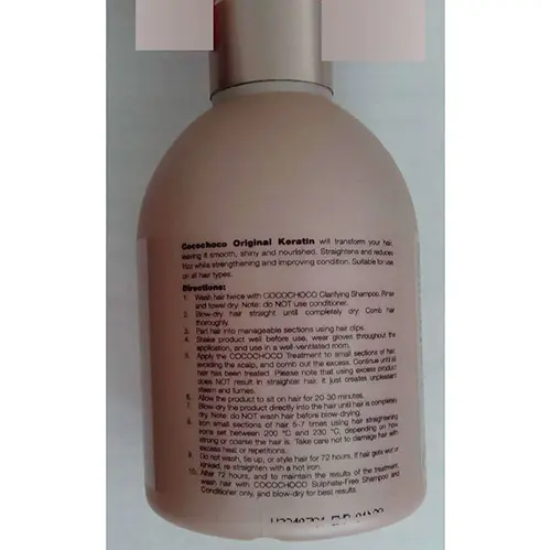 Foto aus der offiziellen Meldung: Cocochoco professional Original Premium Keratin Treatment, Chocolate Hair Care Therapy for Professional Result — Risiko: Chemikalie
