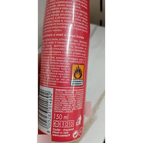Photo de l’avis officiel: Cadey Bilba mousse HD Mousse capillaire — risque: Risque chimique