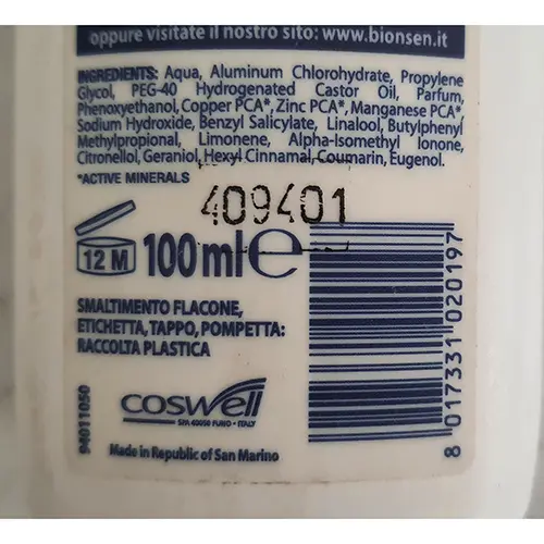 Photo de l’avis officiel: Bionsen Active minerals 48 h Déodorant — risque: Risque chimique