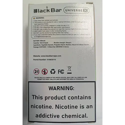 Photo de l’avis officiel: Black Bar Universe X Cigarette électronique jetable — risque: Risque chimique