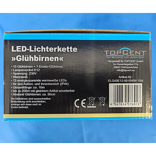 Photo de l’avis officiel: TopCent LED-Lichterkette "Glühbirnen" Chaîne d'éclairage — risque: Choc électrique