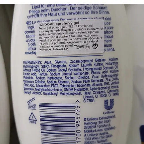 Photo de l’avis officiel: Dove Seidig-Zart Gel douche — risque: Risque chimique