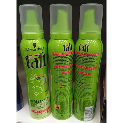 Foto aus der offiziellen Meldung: Schwarzkopf/Taft volumen schaumfestiger Haarstylingschaum — Risiko: Chemikalie