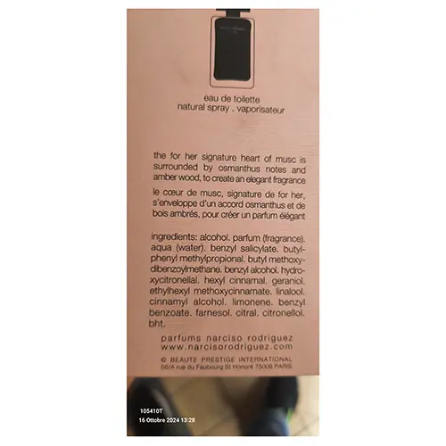 Photo de l’avis officiel: Narciso Rodriguez For her Eau de toilette — risque: Risque chimique