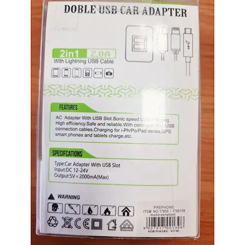Photo de l’avis officiel: DOBLE USB CAR ADAPTER Chargeur USB — risque: Choc électrique
