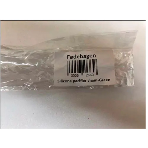 Foto aus der offiziellen Meldung: Fødebagen Smokkelenke Schnullerhalter — Risiko: Ersticken