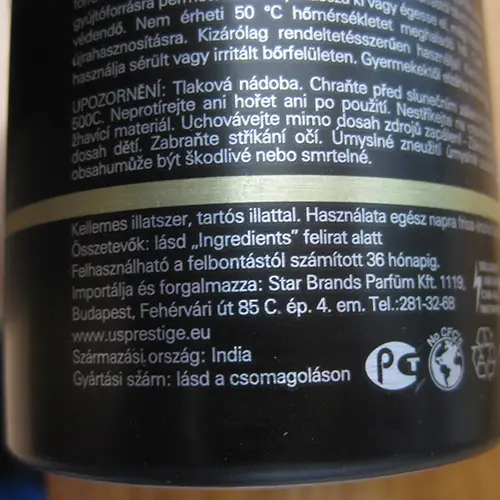 Foto uit de officiële melding: U.S. PRESTIGE Gold Perfum Body Spray Lichaamsspray — risico: Chemische risico's