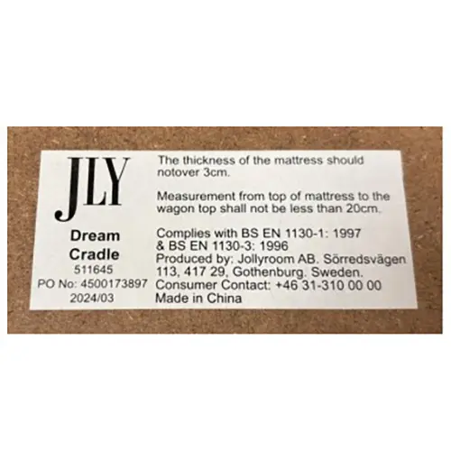 Photo from the official notice: JLY Dreamcradle — entrapment & suffocation risk