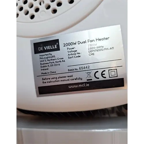 Foto do aviso oficial: Devielle Dual Fan Heater Aquecedor de ventilador — risco: Choque elétrico