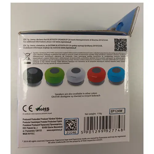 Foto uit de officiële melding: esperanza® Water resistance bluetooth speaker sprinkle Bluetooth-luidspreker — risico: Milieu