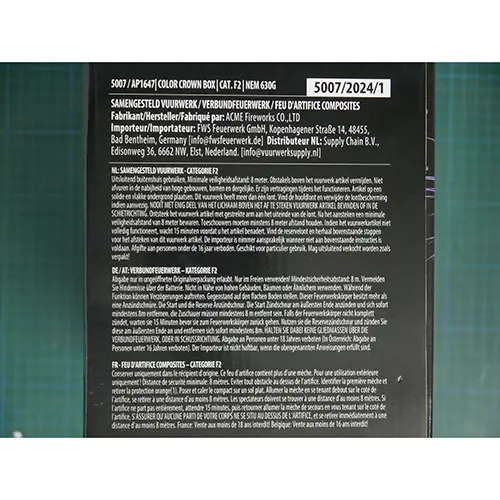 Photo de l’avis officiel: Supply Chain B.V. Color Crown Box Feux d'artifice — risque: Brûlures & Blessures