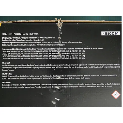Photo from the official notice: Supply Chain B.V. Pandora fireworks — burns & fire risk