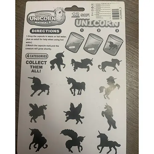 Foto do aviso oficial: Growing unicorn animals Estatuetas expansíveis para brinquedos — risco: Engasgamento