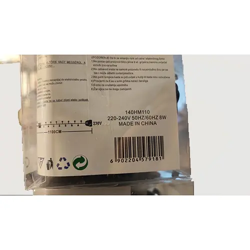 Photo from the official notice: 140 LED LIGHT, Merry Christmas, 110 cm lighting chain — electric shock risk