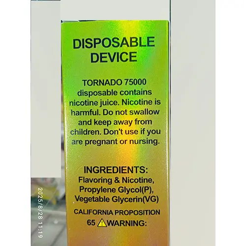 Photo de l’avis officiel: TORNADO LANA JOY 75000 Cigarette électronique jetable — risque: Risque chimique