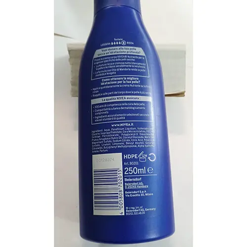 Foto uit de officiële melding: Nivea Nutriente corpo Lichaamscrème — risico: Chemische risico's