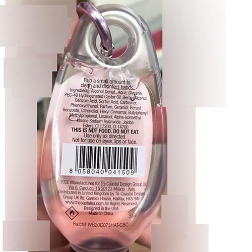 Foto uit de officiële melding: Lila Grace Dots and Stripes Cherry Blossom Scented Hand Sanitiser Handontsmettingsmiddel — risico: Chemische risico's