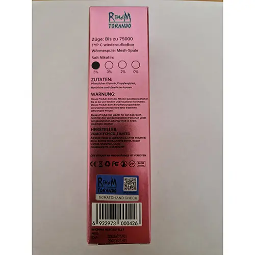 Photo de l’avis officiel: RENdM TORNADO 75000 Cigarette électronique jetable — risque: Risque chimique