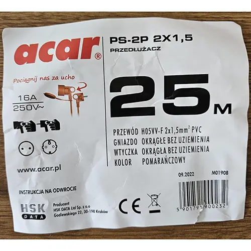 Foto do aviso oficial: ACAR Extension cord Cabo de extensão — risco: Choque elétrico