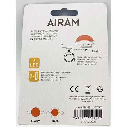 Photo from the official notice: Airam Cykel Baklyse 5 LED Röd bicycle light — environment risk