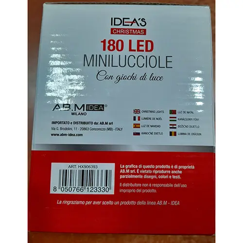 Photo from the official notice: IDEA'S Christmas 180LED MINILUCCIOLE lighting chain — electric shock risk