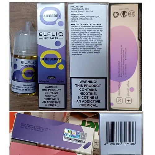 Foto aus der offiziellen Meldung: ELFLIQ NIC SALTS, E-liquid Elektronische Zigarettenkartusche — Risiko: Chemikalie
