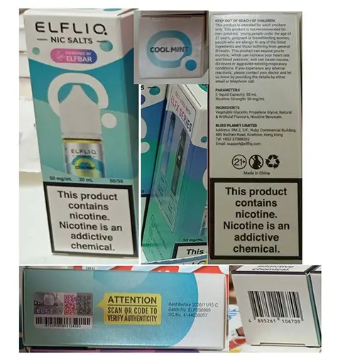 Photo from the official notice: ELFLIQ NIC SALTS POWER BY ELFBAR refill for electronic cigarettes — chemical risk