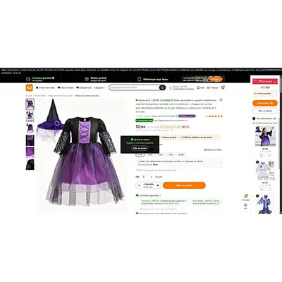 Photo from the official notice: Robe de sorcière à capuche violette avec manches trompette en dentelle noire et patchwork + chapeau fancy dres — burns & fire risk