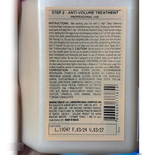 Foto del aviso oficial: INOAR Anti-volume treatment / Soin Anti Volume Producto para el cuidado del cabello — riesgo: Riesgos químicos