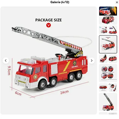 Foto aus der offiziellen Meldung: Camion de pompiers avec échelle pompier, grand modèle, jouet, camion d'arrosage Spielzeugauto — Risiko: Verbrennungen & Chemikalie