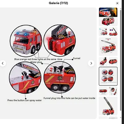 Foto aus der offiziellen Meldung: Camion de pompiers avec échelle pompier, grand modèle, jouet, camion d'arrosage Spielzeugauto — Risiko: Verbrennungen & Chemikalie