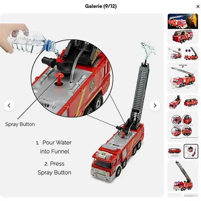 Foto aus der offiziellen Meldung: Camion de pompiers avec échelle pompier, grand modèle, jouet, camion d'arrosage Spielzeugauto — Risiko: Verbrennungen & Chemikalie