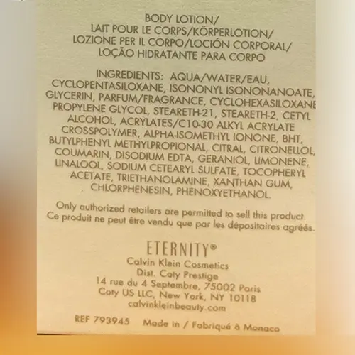 Photo de l’avis officiel: Calvin Klein Eternity Now Lotion pour le corps — risque: Risque chimique