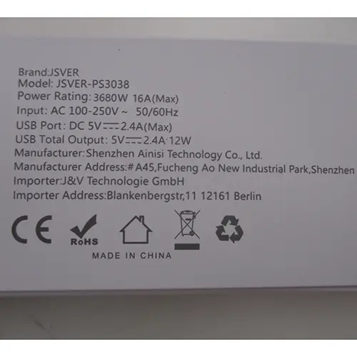 Foto do aviso oficial: JSVER Power strip Chumbo da extensão — risco: Choque elétrico & Incêndio