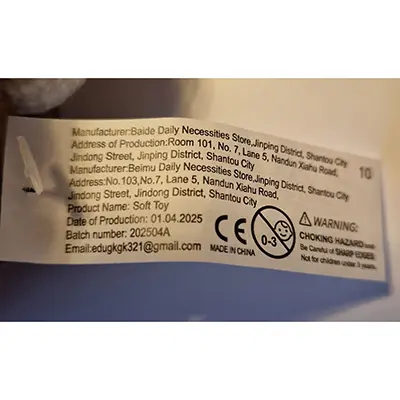 Photo from the official notice: Soft toy — choking & strangulation risk (SR/00469/26)