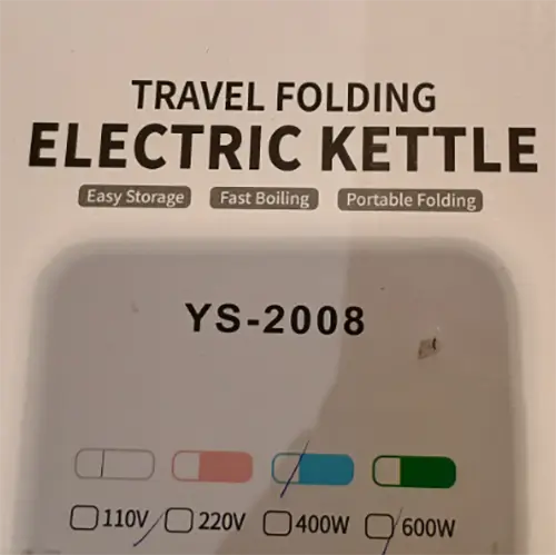 Photo from the official notice: FOLDING ELECTRIC KETTLE — fire risk