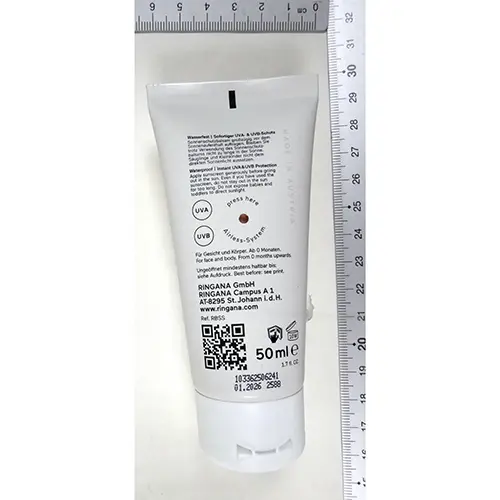 Photo from the official notice: Ringana fresh baby sunscreen high SPF 50 — burns risk