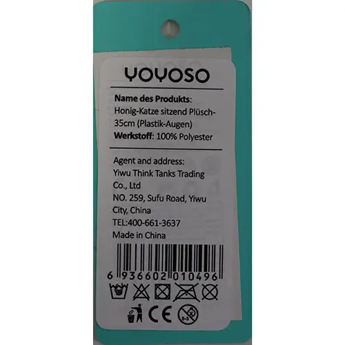 Photo from the official notice: YOYOSO Honig-Katze sitzend Plüsch 35cm (Plastik-Augen) soft toy — choking risk