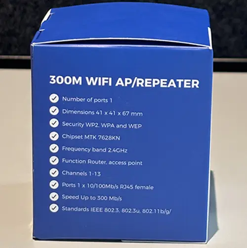 Foto aus der offiziellen Meldung: ALLTEQ 300M WIFI AP/REPEATER WLAN-Repeater — Risiko: Elektrischer Schlag
