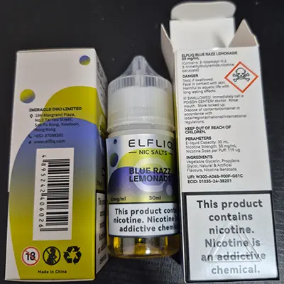 Photo from the official notice: ELFLIQ NIC SALT, POWERWS BY ELFBAR electronic cigarette cartridge — chemical risk (SR/01010/26)
