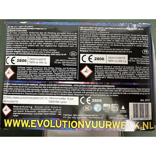 Photo de l’avis officiel: GBV-Weco Vuurwerk B.V. Unity of Lights Feux d'artifice — risque: Brûlures & Incendie