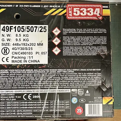 Photo from the official notice: GBV-Weco Vuurwerk B.V. Tarantula fireworks — burns & fire risk
