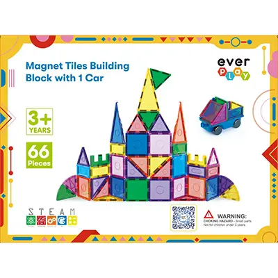 Foto uit de officiële melding: Everplay Magnet Tiles Building Block with 1 Car, 66 pieces Magnetisch speelgoed — risico: Verstikking door inslikken & Verwonding