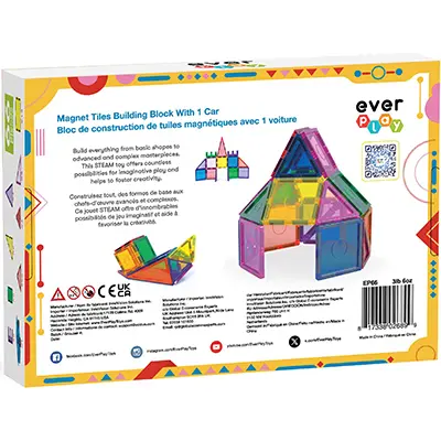 Foto uit de officiële melding: Everplay Magnet Tiles Building Block with 1 Car, 66 pieces Magnetisch speelgoed — risico: Verstikking door inslikken & Verwonding