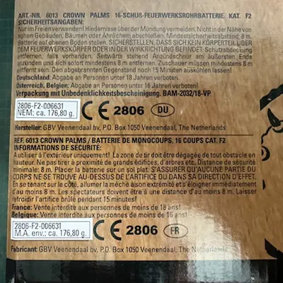 Photo from the official notice: GBV-Weco Vuurwerk B.V. Crown Palms fireworks — burns & fire risk