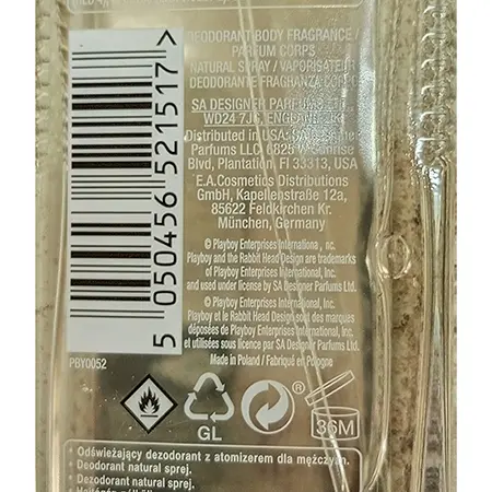 Photo from the official notice: Playboy DEODORANT VIP, BODY FRAGRANCE, PARFUM CORPS, NATURAL SPRAY, VAPORISATEUR — chemical risk