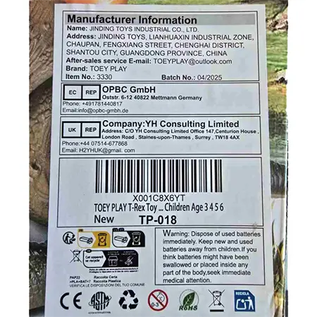 Foto do aviso oficial: T-Rex Dinosaure avec pulvérisation d'eau Brinquedos eletrónicos — risco: Queimaduras & Químico