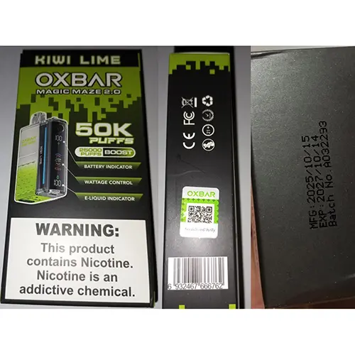 Photo from the official notice: OXBAR MAGIC MAZE 2.0, 50K PUFFS, 25000 PUFFS BOOST disposable electronic cigarette — chemical risk